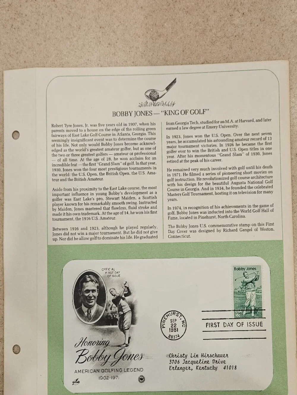 RARE COLLECTIBLE USPS 1ST DAY ISSUE COVER BOBBY JONES KING OF GOLF STAMP FDC